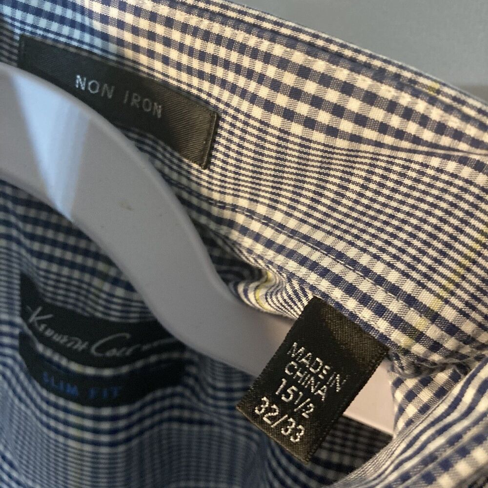 KENNETH COLE blue gingham slim fit non iron button up shirt 15 1/2 32/33 - Picture 7 of 8